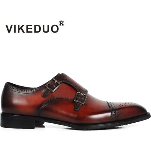VIKEDUO handmade hot Mens Monk Shoes custom made 100% Genuine Leather Brogue office dress party wedding shoes original design