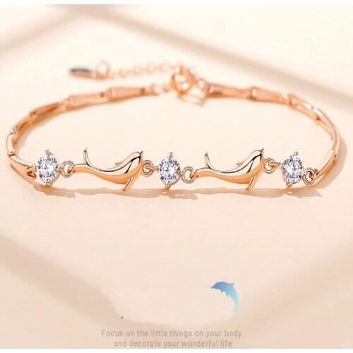 Womens Pure Silver Diamond Dolphin Love Bracelet Student Rose Gold Fashion Bracelet Female Birthday Gift Jewelry
