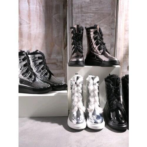 Womens Snow Boots Wedges Platform Winter Shoes Lace Up Patent Leather Plus Wool Chic 2020 New Design Luxury Brand Woman Shoes