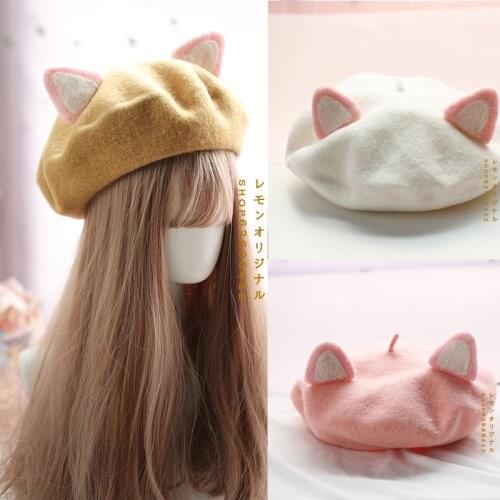 Womens beret hat handmade DIY cat ears light printmaker hat autumn and winter woolen hat Lolita cute hat