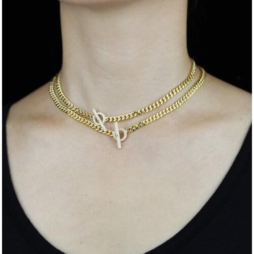 2021 New 5MM OT Buckle Large Circle Cuban Chain Necklace Hip Hop Women CZ Toggle Clasp Gold Color Bracelet Choker Jewelry Set