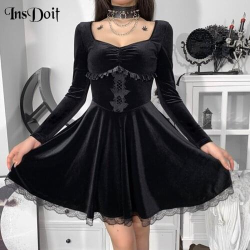 InsDoit Gothic Lolita Black Dark Green Corset Dress Women Grunge Clothes Vintage Lace A-LINE Dress Aesthetic Harajuku Partywear