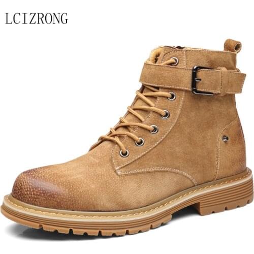 Winter Men Boots Vintage Leather Short Boots Fashion Buckle Lace-up Casual Mens Shoes Plus Velvet Warm Martin Boots