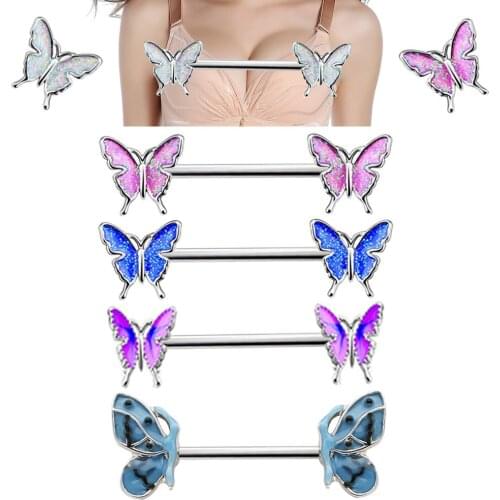 2Pcs White Oil Dripping Butterfly Nipple Piercing Jewelry Sequins Stainless Steel Nipple Rings Bar 14G Sexy Women Helix Piercing