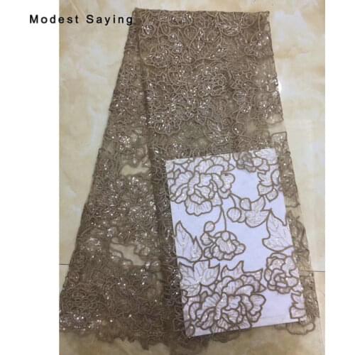 2 Yards Khaki Sequined Flowers Lace Fabrics for Evening Dress 2019 New Fashion Embroidered Mesh Party Prom Net Lace Material