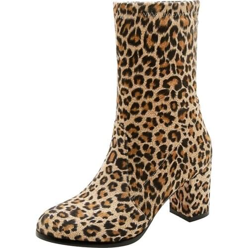 2019 New Leopard Ankle Boots Women For Autumn Winter Fashion Stretch socks boots Women Shoes Slip elegant Square high heels 39