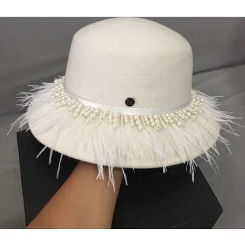 202012-naonao-yumao autumn winter wool Feather Pearl gorgeous leisure lady bucket cap women fishermen hat