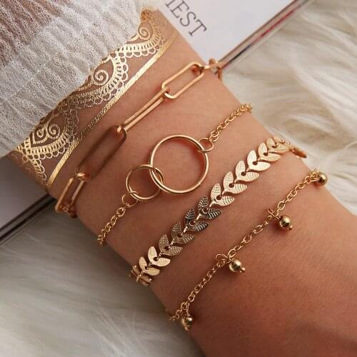 4 Pcs/set Fashion Geometry Set for Women Gold Chain Bangles 2020 Leaf Bracelet Beach Bohemian Cuff Jewelry 2020