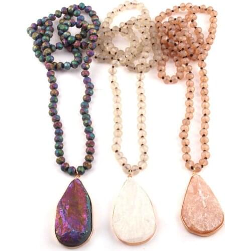 Free Shipping Fashion Matt Crystal Glass Beads Knotted Natural Stone Pendant Necklaces For Women Ethnic Necklace
