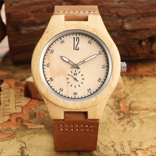 Delicate Nature Wood Watch Mens Bamboo Wristwatch Quartz Analog Display Brown Soft Leather Strap Luminous Hands Clock Montres