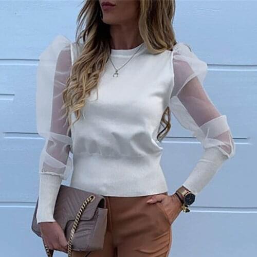 Elegant Pearl Mesh Shirt Women Puff Sleeve female Knitted Top T Shirt Autumn Casual Party Wear Ladies Tops