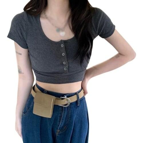 Summer Women Slim Short O-Neck Reveal Umbilical Short-Sleeve High Waist Thin Solid Color Button Machine T-Shirt Top