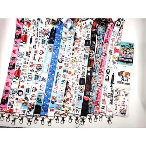Hot Sale! 10 sets Greys Anatomy Doctors nurse Lanyard Neck Strap Card Bus ID Holders With Key Chain