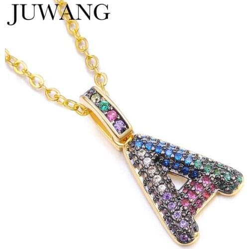 JUWANG Vintage A-Z Letter Pendant Chokers Necklaces Fashion Jewelry Rainbow Cubic Zirconia Micro Pave Necklaces For Women Men