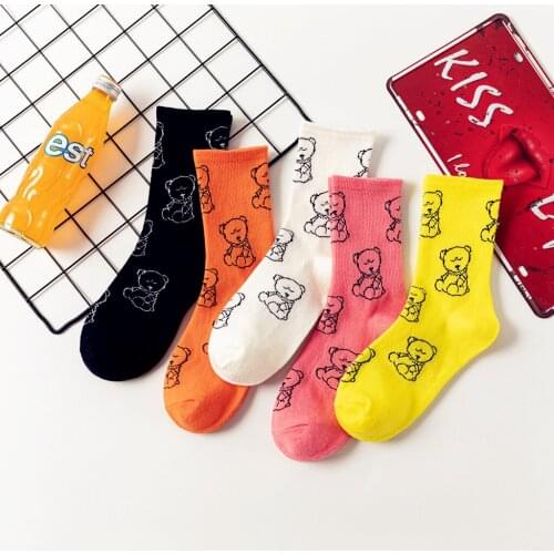 Kawaii College Style Woman Socks Mid Tube Socks Cotton Animal Print 1Pair Ladies Pile Socks Pure Color Cute Harajaku
