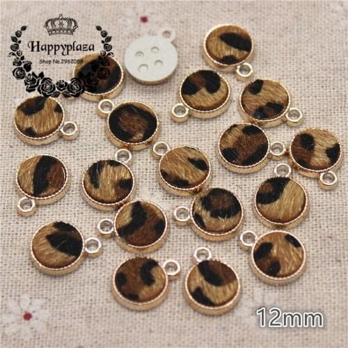 30PCS 12mm Round Golden Circle Leopard Print Fabric Surface Plastic Flatback Pendant DIY Jewelry/Craft Accssories
