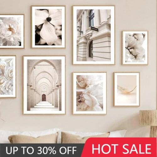 Beige Landscape Nordic Poster Magnolia Peony Rose Flower Arch Wall Art Print Canvas Painting Pictures Room Decoration Gift