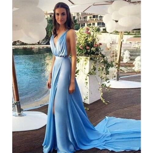 Sky Blue A-Line V-Neck Prom Dresses Elegant Sleeveless Party Dresses Backless Sweep Train Evening Fashion Dresses Gowns