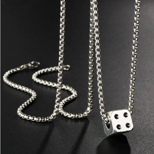 New Fashion Mens Cool Cube Dice Style Silver Color Necklaces Stainless Steel Long Chain Male Lucky Gifts for Him Jewelry