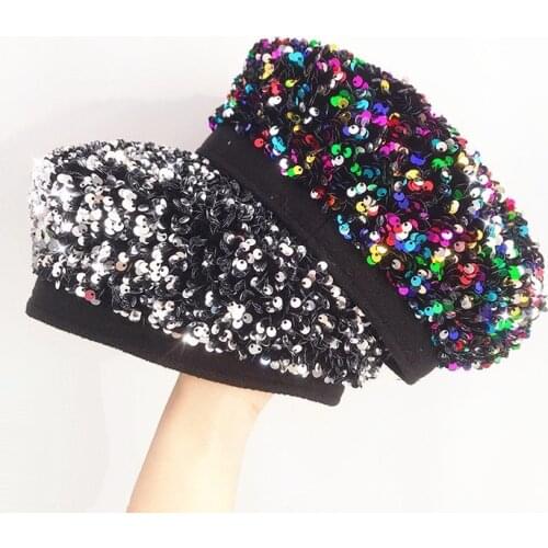 Autmn women lady casual cotton sequins beret cap Girl punk Hip hip rainbow beret British artist pumpkin hats Gorros