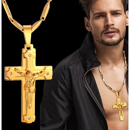 Big Stainless Steel Necklace Chain 4 Size Gold Color Christian Jewelry Jesus Crucifix Mens Cross Pendant Necklace For Men xl999