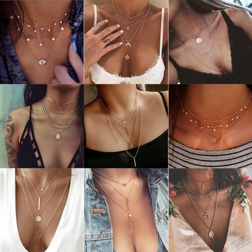 Punk Fashion Bohemian Vintage Multilayer Crystal Pendant Necklaces For Women Gold Crescent Chains Necklace Wholesale Jewelry New