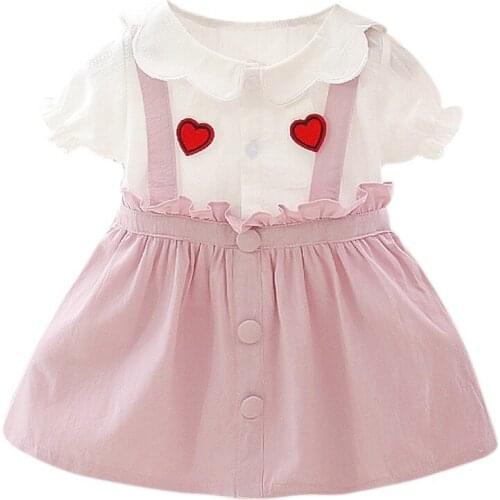 Short Sleeve Dress Summer Baby Girl Princess Dress Fake 2 Piece Toddler Heart Pattern Short Sleeve Cotton Sundress