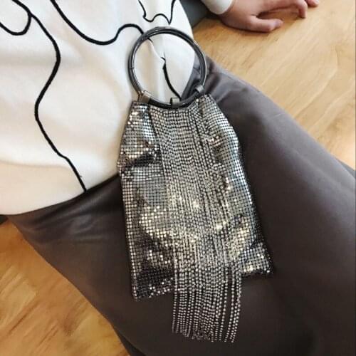 Silver Tassel Rhinestone Luxury Bag Women Designer Ring Handbag Sequins Chains Bag Bling Evening Clutch Purse Female Mini Bag