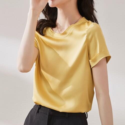 Korean Womens Shirt Silk Blouses for Women Short Sleeve Shirt Female Top Satin O-neck Blouse Top Female 2021 Woman Basic Shirts
