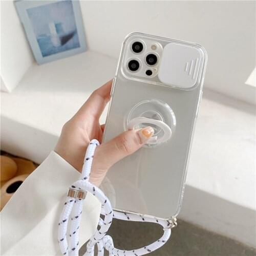 Slide Camera Lens Protection Phone Case For iPhone 11 12 Pro Max 8 7 Plus XS XR 12 Mini SE2 Case Soft Lanyard Clear Holder Cover