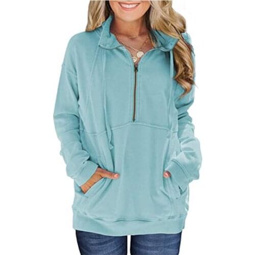 Zip Up stand collar sweatshirt Women oversized warm autumn pullovers Casual long sleeve big pocket Loose tops black blue green