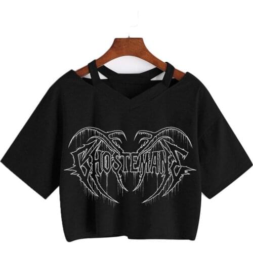 Harajuku Cartoon Gothic Print Short Sleeve Crop tops V-neck T-shirt Women Punk Sexy streetwear Korean Hip Hop Ulzzang Tees