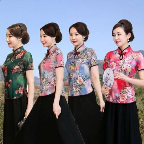 Traditional Chinese Print Flower Cheongsam Top Women Sexy Slim Shirt Soft Green Satin Blouse Vintage Classic Clothing Plus Size