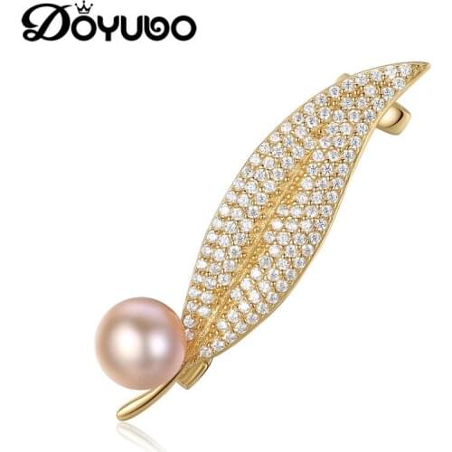 DOYUBO Antique Sterling Silver Leaf Brooch Women Fashion Freshewater Pearl Brooch Lady Cubic Zirconia Brooch Fine Jewelry VH010