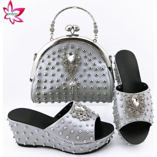 Silver Color African Women Shoes Matching Bag with River High Quality Super High Heels Shoes and Bag Set for Garden Party