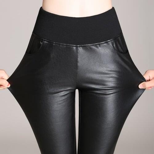Womens fashion PU skinny pencil pants autumn winter high-elastic leggings villi-sandwich large size EU/S-5XL