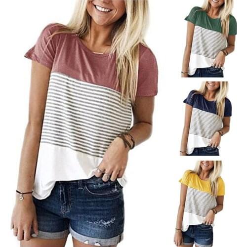 Women Stripe Tops Lady Fashion Three-color Stitching Short Sleeve Clothes Summer O-Neck T-Shirt