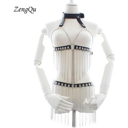 Handmade Punk Goth Sexy leather material bondage collar metal tassel chest belt for women top Straps Rivet