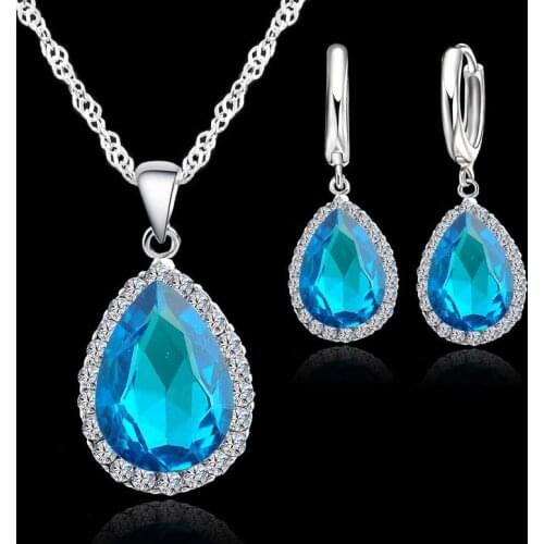 Charm Jewelry Sets For Women Water Drop Crystal 925 Sterling Silver Bridal Wedding Necklace Earrings Set Anniversary