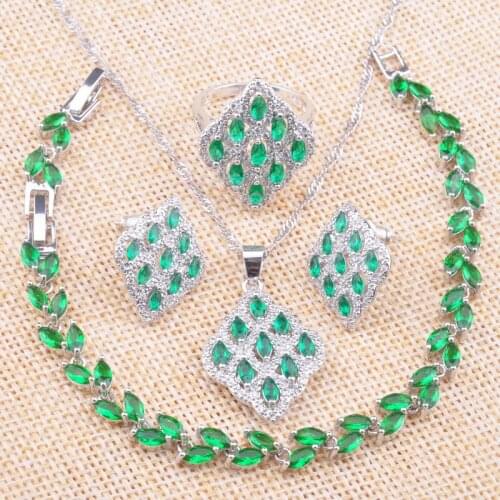 Silver Color Jewelry Sets For Women Wedding 2020 Luxury Green Crystal Earrings Rings Bracelet Necklace christmas gifts Z0736