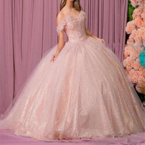 2022 Plus Size Blush Pink Ball Gown Quinceanera Dresses Beaded Off Shoulder Tulle Sequined Sweet 15 16 Dress XV Party Wear