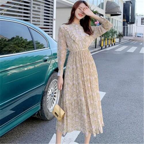 Spring Autumn Female Long Dress Suits New Fashion Womens Floral Dresses Ruffles Women Dress Vest 2 Sets Ladies Chiffon Dress