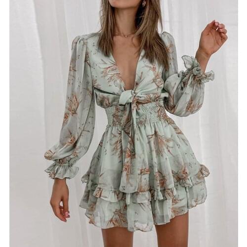Women Spring V Neck Chiffon Print Dress Self-tie Knot Front Ruffles Leopard Dress Female Sexy Short A Line Party Vestidos 2021