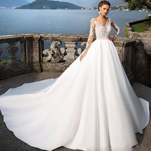 Women Wedding Dress Plus Size Lace Embroidery Long Sleeve Satin Train Trailing A- Line Button Applique Bridal Gown