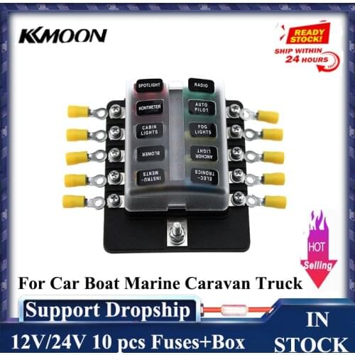 10Pcs Car Boat Marine Caravan Truck Fuses+Terminals 10 Way Blade Fuse Box Holder Fuse Blocks with Red LED Indicator 12V 24V