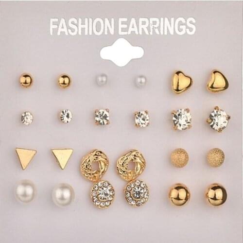 12 Pairs/lot Fashion Stud Earrings Set For Women Round Square Ball Alloy Crystal Stud Pearl Earings cute partyJewelry wholesale