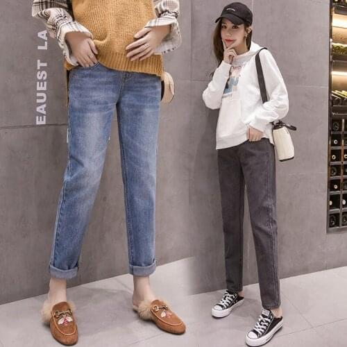 1901# Autumn Winter Fashion Denim Maternity Jeans Adjustable Belly Straight Pants for Pregnant Women Loose Pregnancy Trousers