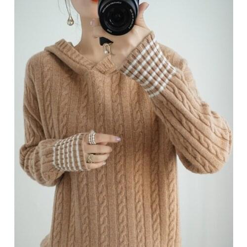 2020 new style 100% wool hooded sweater womens sweater sweater plus size wool base sweater fashionable and soft