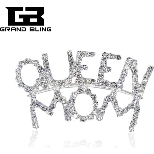 Blingbling Crystal Jewelry "QUEEN MOM" Word Brooch Pin for Mothers Gift