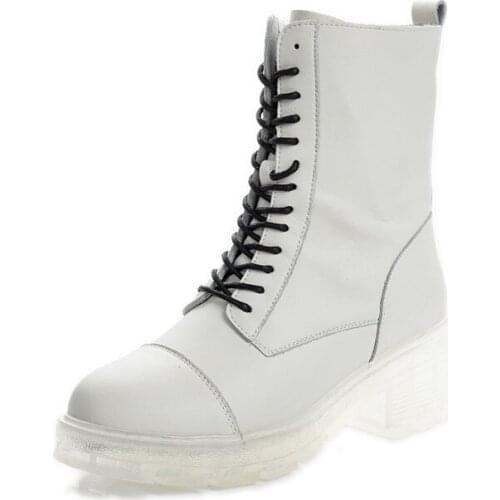 Women Martin boots British style leather boots and elegant comfortable riding boots with white crystal transparent bottom